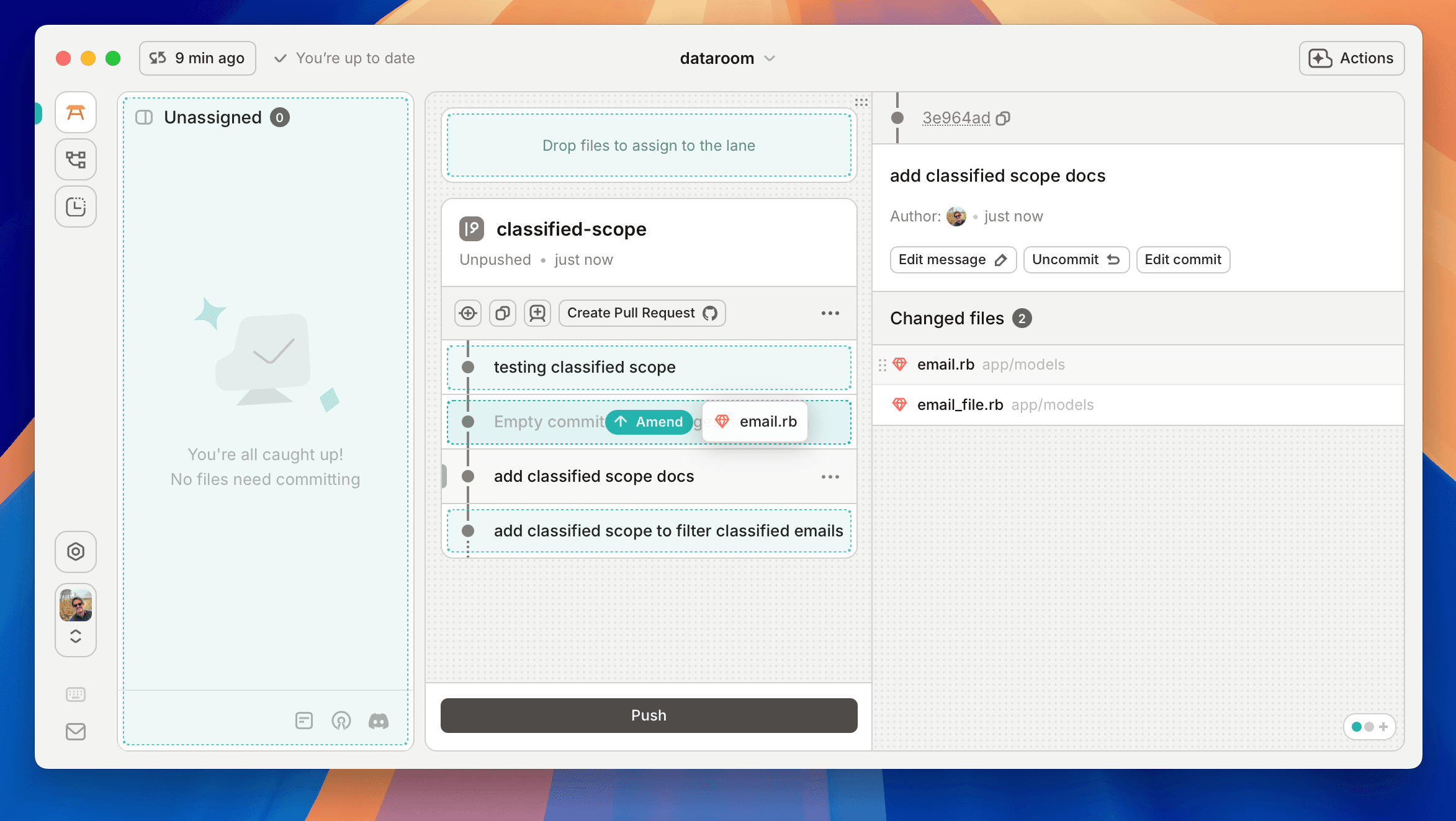 Drag files from one commit to another, in this case, amending the previously empty commit